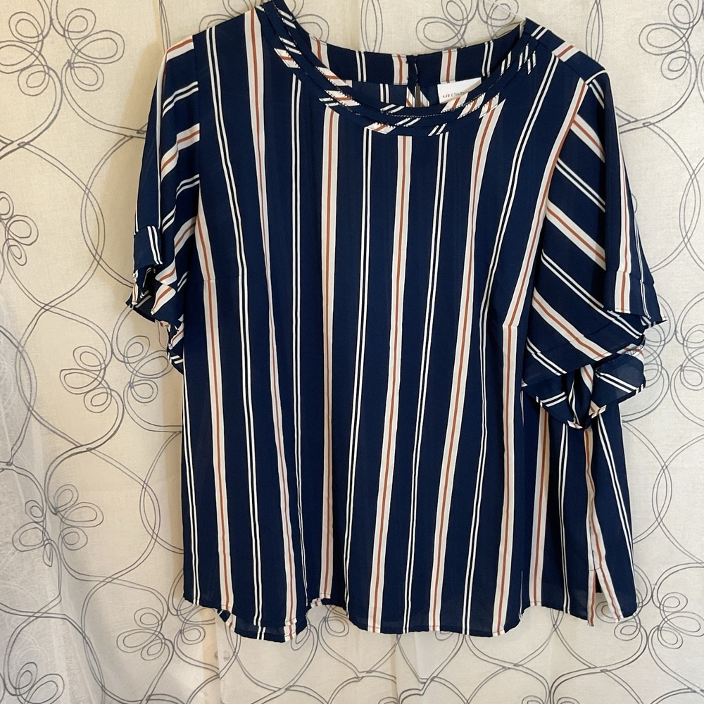 Women's Liz‎ Claiborne Navy Blue White Striped Blouse Bell Sleeve Size 0X